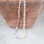 Aine - Subtle asymmetrical Freshwater Pearl Necklace designed with Dove Grey & White Freshwater Pearls & brushed Sterling Silver feature link by Pearl Perfect.