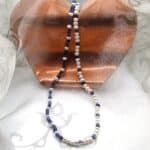 Delicate Freshwater Pearl Necklace designed with faceted Iolite Crystal beads and Button White Freshwater Pearls by Pearl Perfect Design Room.