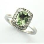 Korinne Bespoke Gemstone Ring set with Green Beryl & Diamonds in 18ct White Gold as a unique & subtle engagement ring.