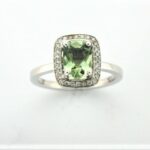 Korinne Bespoke Gemstone Ring set with Green Beryl & Diamonds in 18ct White Gold as a unique & subtle engagement ring.