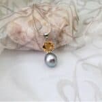 Rosabella - Elegant Pearl Pendant set with Grey Baroque Freshwater Pearl & Citrine in 9ct White Gold.