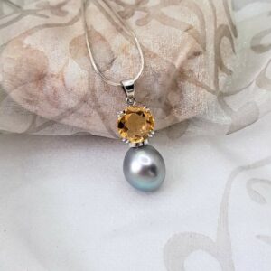 Rosabella - Elegant Pearl Pendant set with Grey Baroque Freshwater Pearl & Citrine in 9ct White Gold.