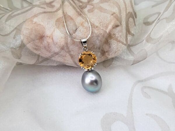 Rosabella - Elegant Pearl Pendant set with Grey Baroque Freshwater Pearl & Citrine in 9ct White Gold.