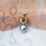 Rosabella - Elegant Pearl Pendant set with Grey Baroque Freshwater Pearl & Citrine in 9ct White Gold.