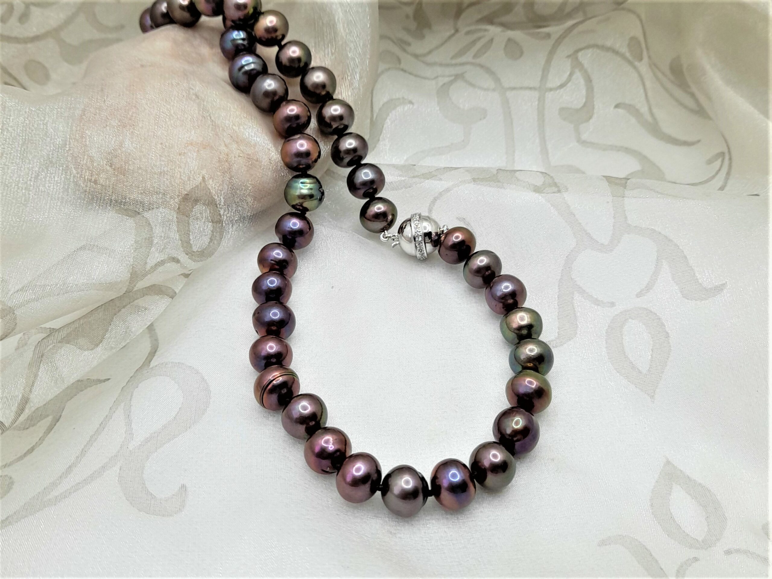 Stunning Bronze Colour Freshwater Pearl Necklace finished with a gorgeous 18ct White Gold Diamond set clasp by Pearl Perfect