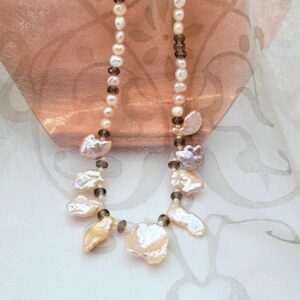 Delicate Natural Coloured Freshwater Pearl Necklace featuring Keshi Pearls and Faceted Smoky Quartz beads, finished with a Sterling Silver Clasp