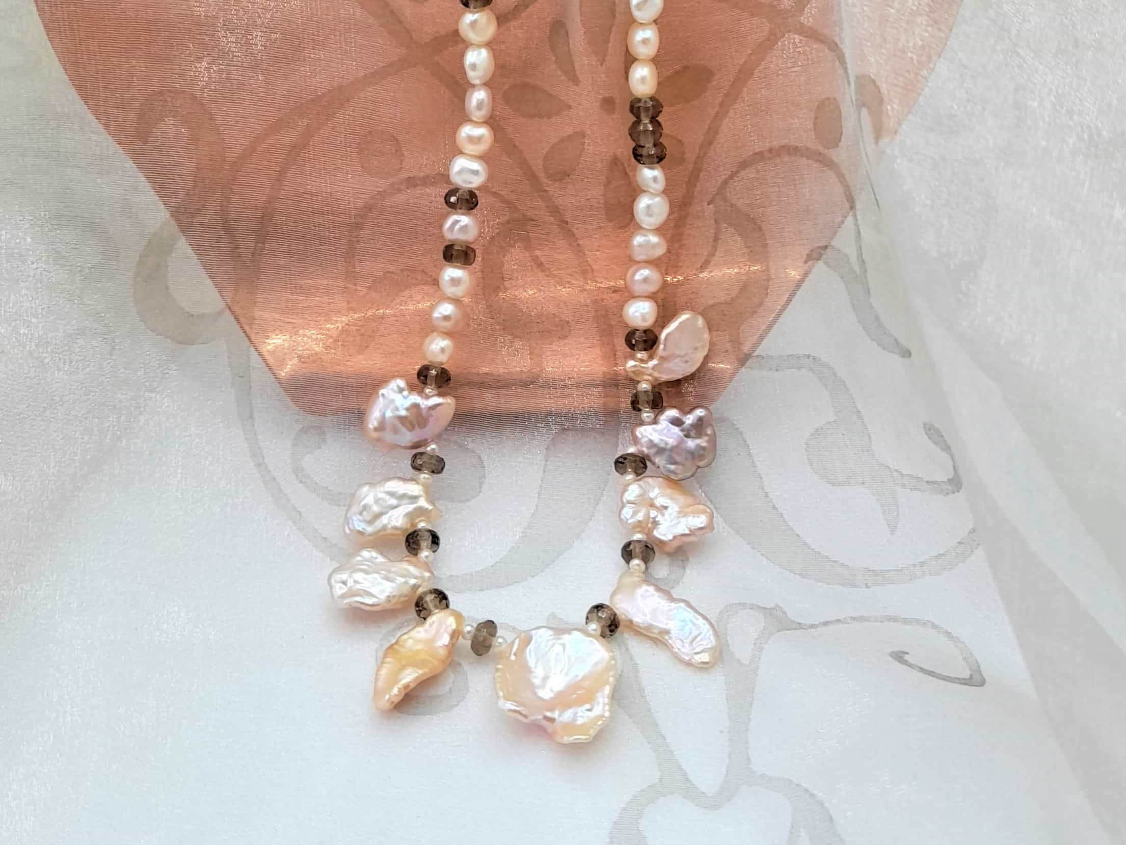 Delicate Natural Coloured Freshwater Pearl Necklace featuring Keshi Pearls and Faceted Smoky Quartz beads, finished with a Sterling Silver Clasp