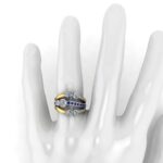 Paige one of our Bespoke Sapphire Diamond Rings,   Custom made in 18ct Yellow and White Gold as an Engagement Ring & Wedding Ring all in one. Sapphires and two larger diamonds were client's own from existing pendant with additional brilliant cut diamonds added to complete the design.