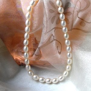 Freshwater Rice Shape Pearl Necklace finished with a filigree Sterling Silver clasp